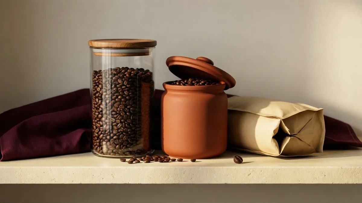 Tarro de cristal hermético, bote de cerámica y bolsa kraft con válvula, llenos de café en grano