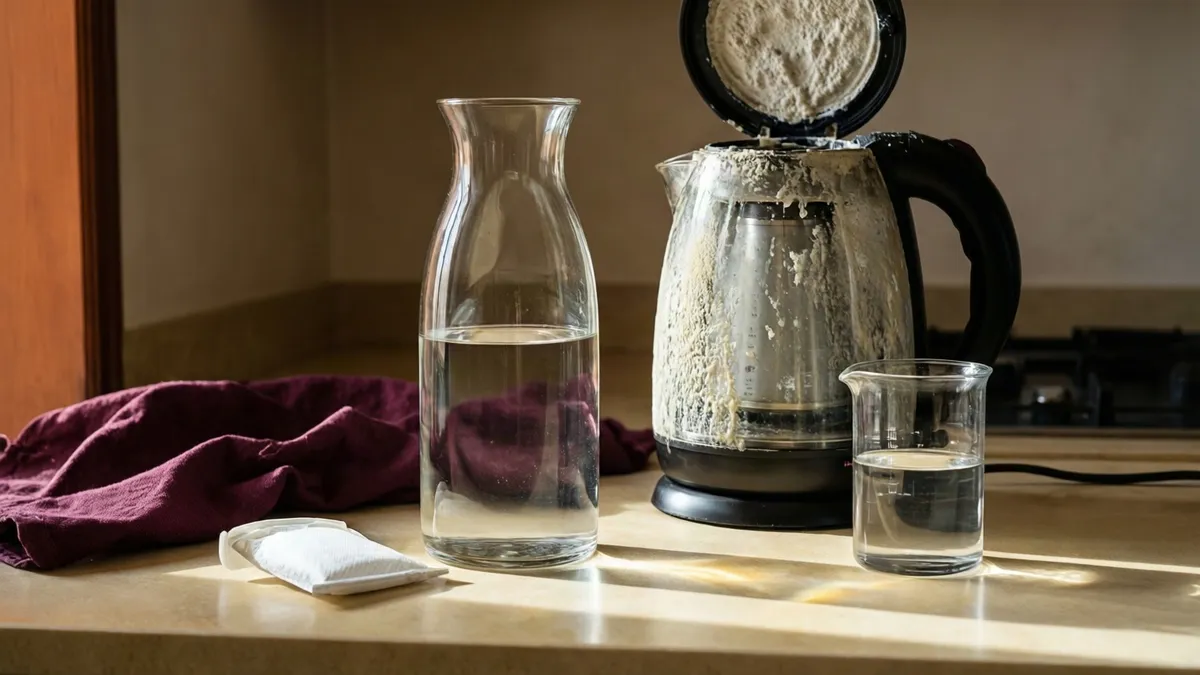 Jarra de agua junto a un hervidor con una gruesa costra de cal y un vaso limpio