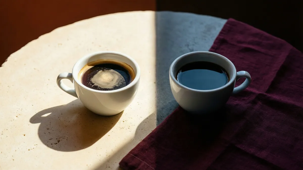 Dos tazas de café iguales, una al sol y otra a la sombra, sobre una mesa de piedra