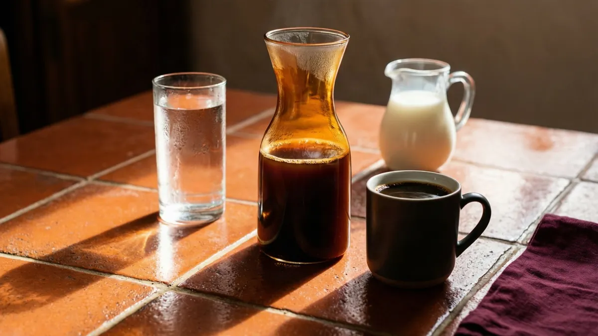 Jarra de café de filtro, taza servida y un vaso de agua sobre una mesa de baldosa