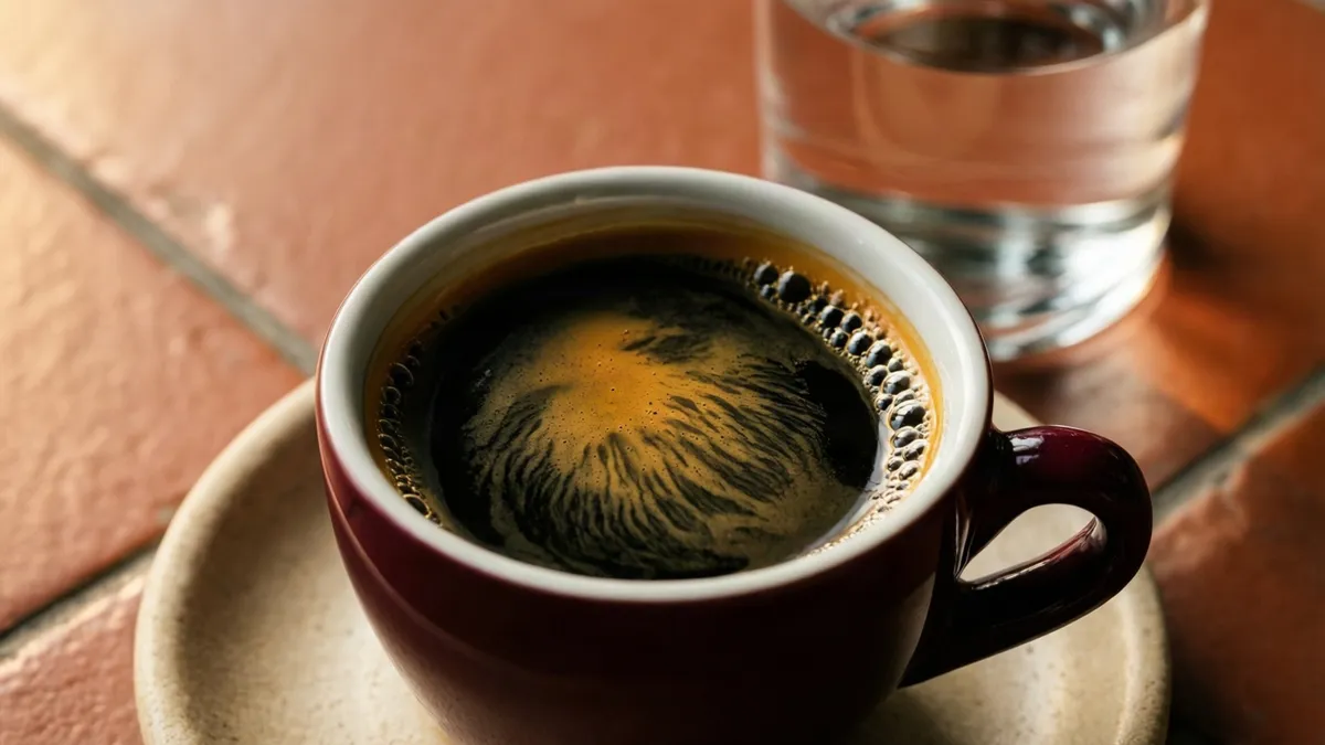 Primer plano de la crema de un espresso en taza granate, con un vaso de agua detrás