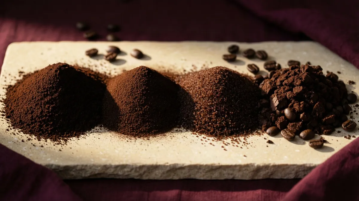 Cuatro montones del mismo café molido, de polvo fino a grueso, sobre una losa de piedra clara