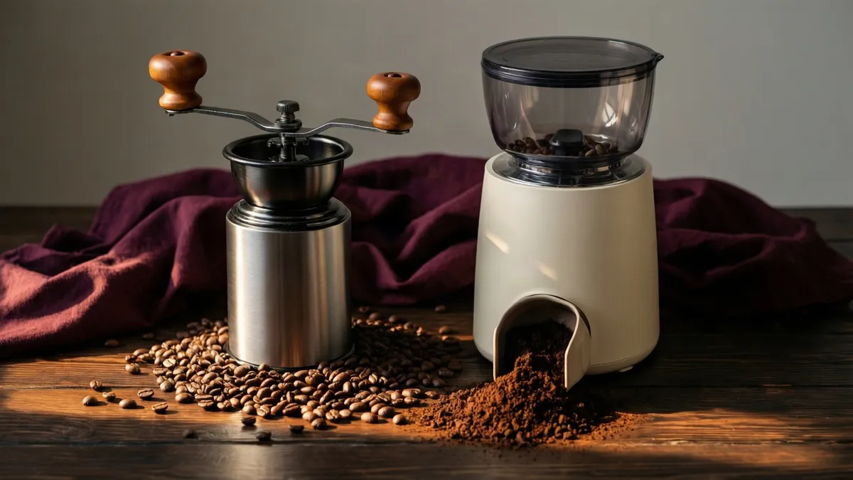 Molinillo manual de acero y molinillo eléctrico de muelas, con granos y café molido alrededor
