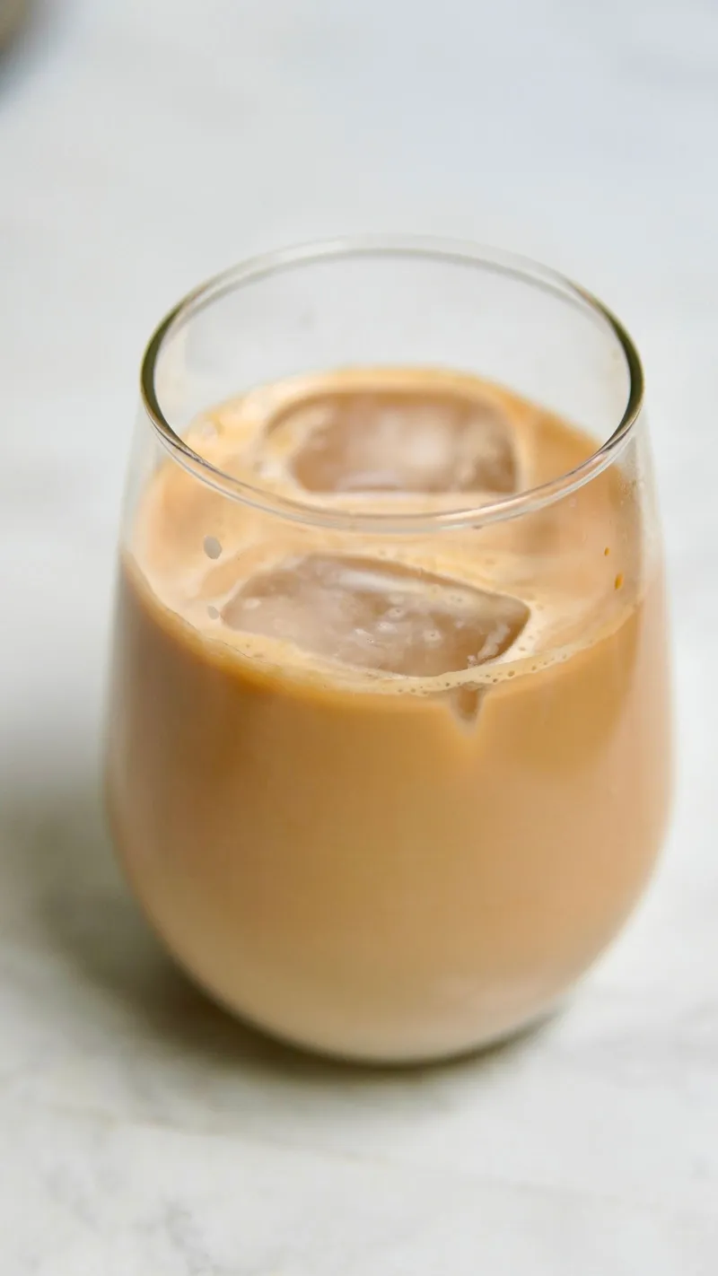 Café con hielo en un vaso de cristal sobre mármol